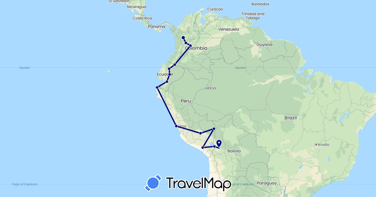 TravelMap itinerary: driving in Bolivia, Colombia, Ecuador, Peru (South America)